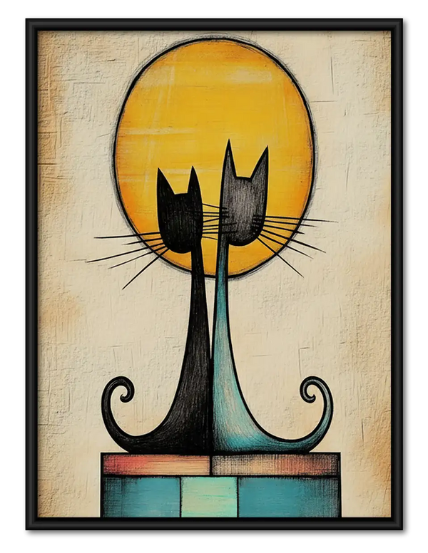 Two Black Cats Against Golden Sun Wall Art
