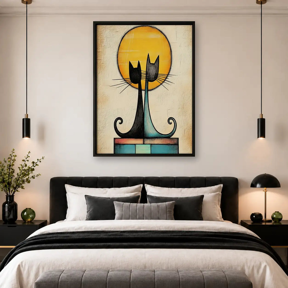 Two Black Cats Against Golden Sun Wall Art 4