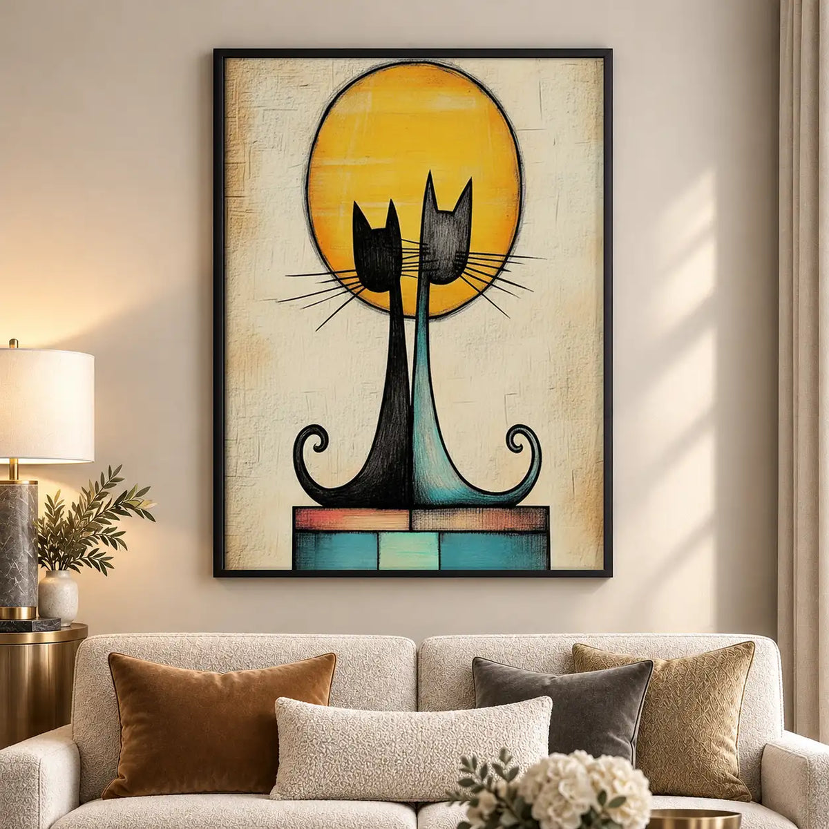 Two Black Cats Against Golden Sun Wall Art 5