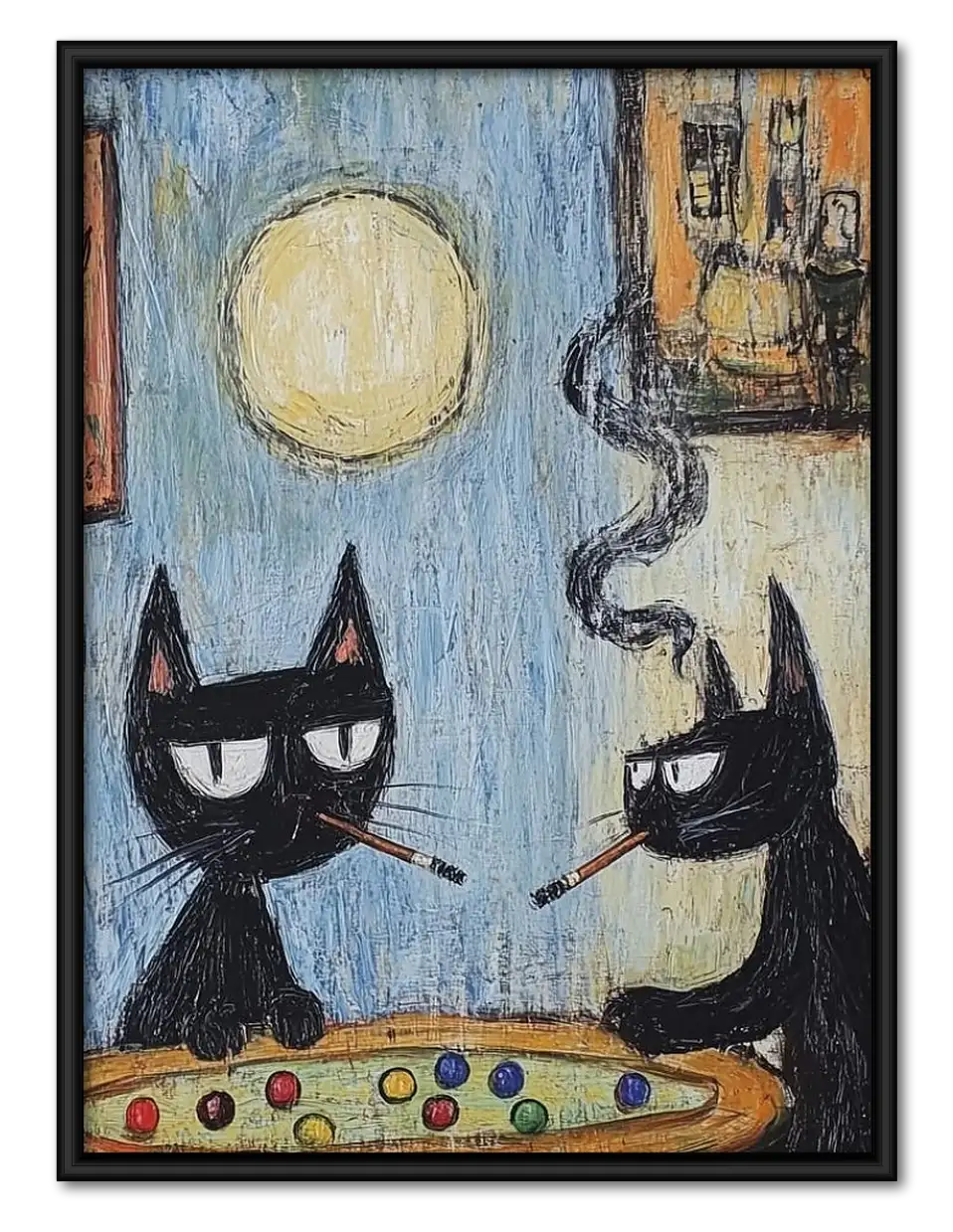 Two Black Cats at Moonlit Table Wall Art 1
