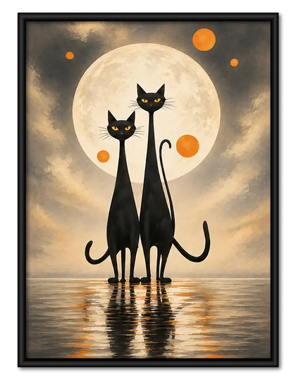 Two Black Cats under Golden Moon Wall Art