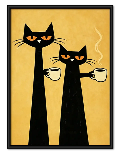Two Black Cats with Coffee Wall Art 1
