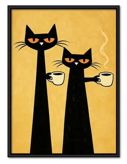 Two Black Cats with Coffee Wall Art