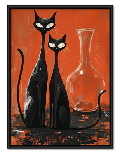Two Black Cats with Red Glassware Wall Art