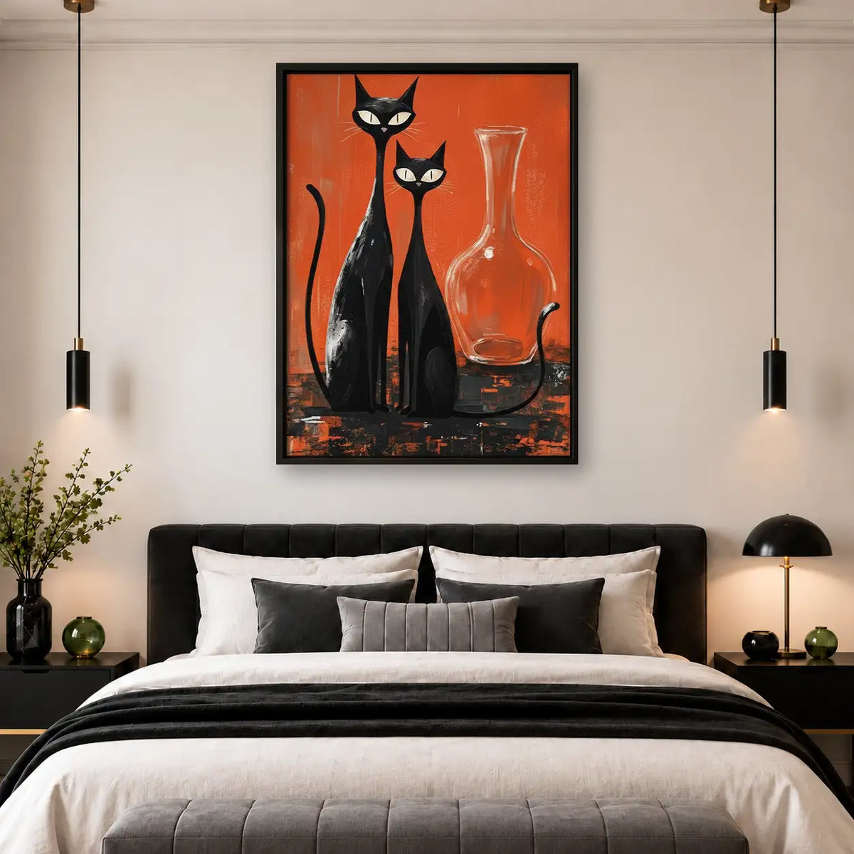 Two Black Cats with Red Glassware Wall Art 4