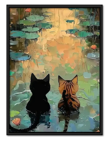 Two Cats beside Lily Pond Wall Art 1