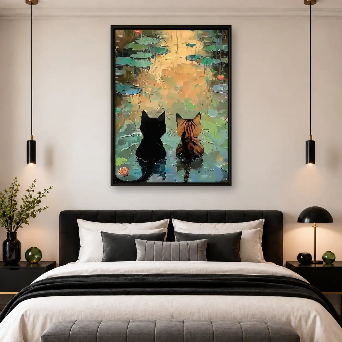 Two Cats beside Lily Pond Wall Art 4