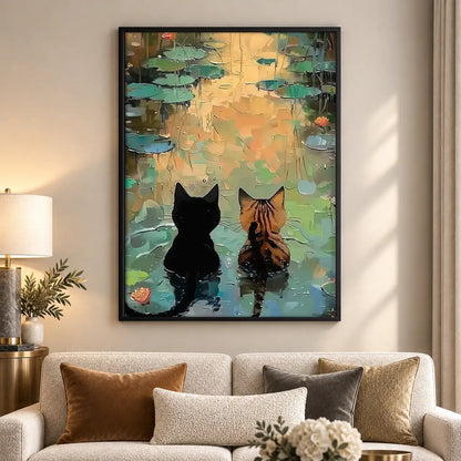 Two Cats beside Lily Pond Wall Art 5