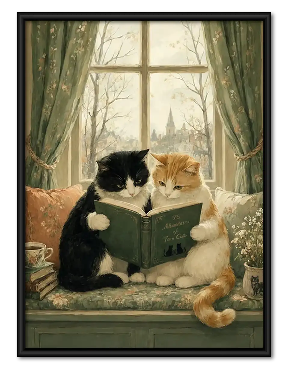 Two Cats Reading Together by Window Wall Art 1