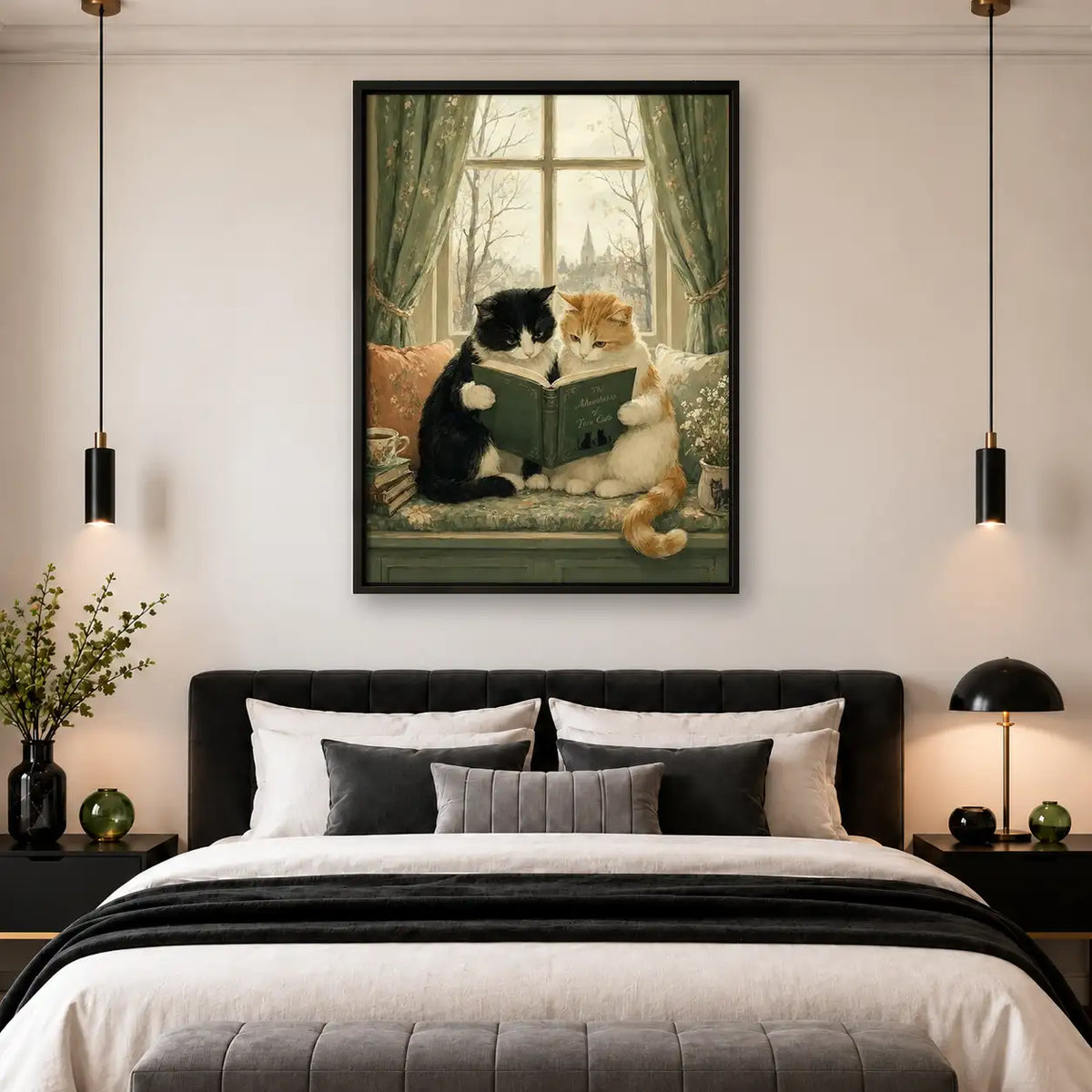 Two Cats Reading Together by Window Wall Art 4