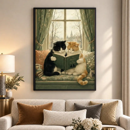 Two Cats Reading Together by Window Wall Art 5