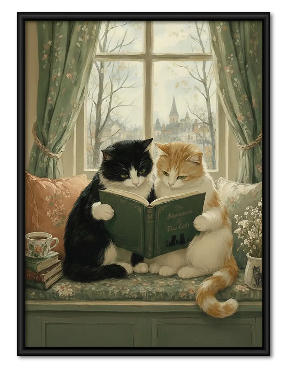 Two Cats Reading Together in Cozy Window Wall Art 1