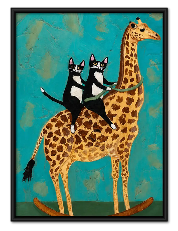 Two Cats Riding a Giraffe Wall Art