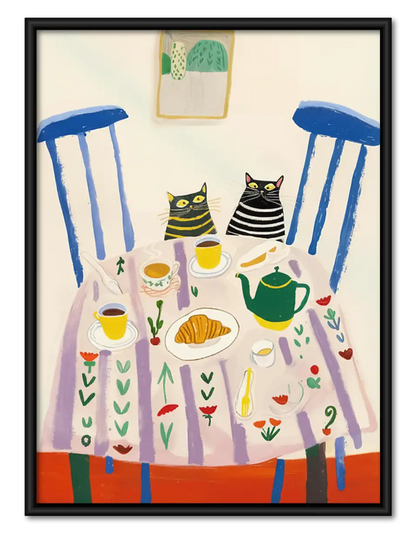 Two Cats Sharing Colorful Breakfast Wall Art 1