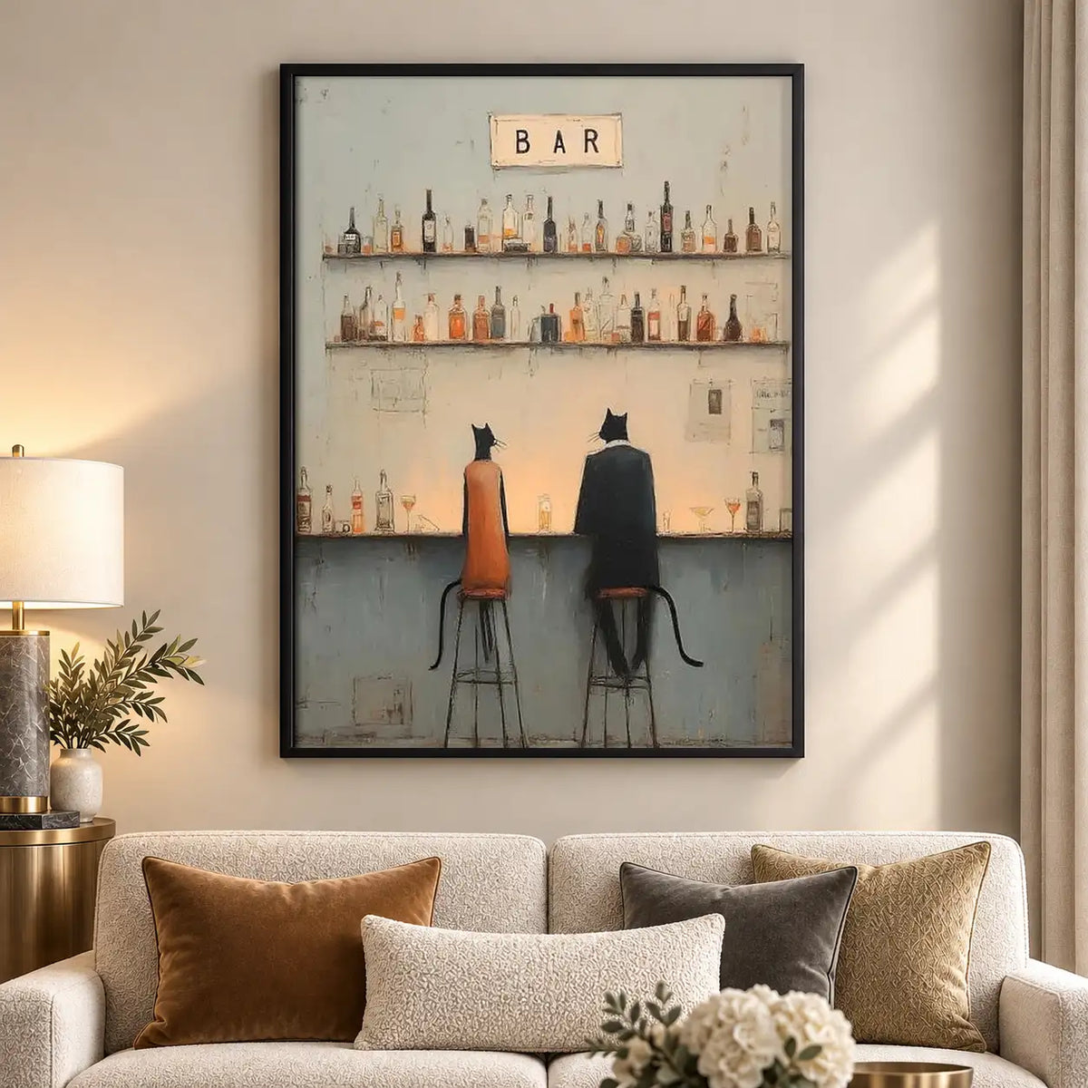 Two Cats Sitting at Minimal Bar Wall Art 5