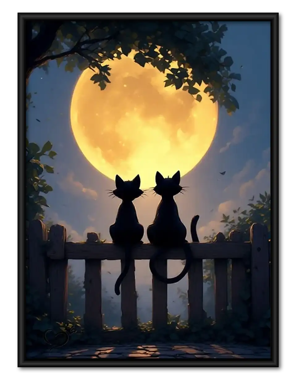 Two Cats Watching Golden Full Moon Wall Art 1