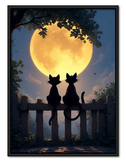 Two Cats Watching Golden Full Moon Wall Art