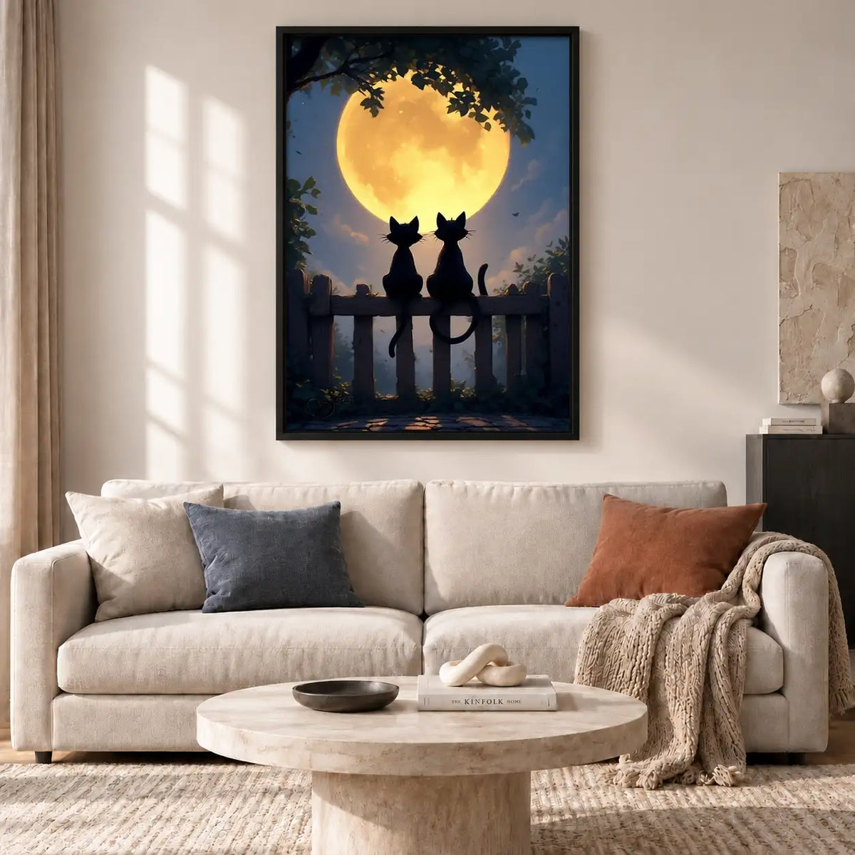 Two Cats Watching Golden Full Moon Wall Art 2