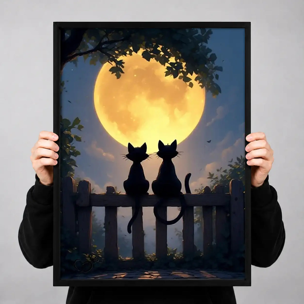 Two Cats Watching Golden Full Moon Wall Art 3