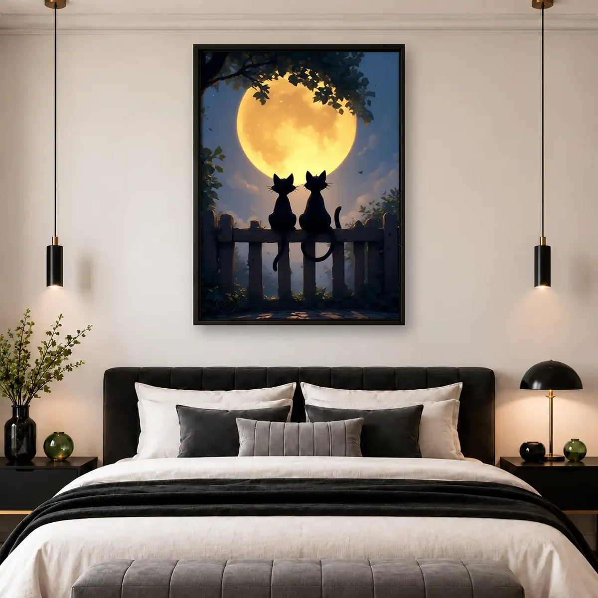 Two Cats Watching Golden Full Moon Wall Art 4