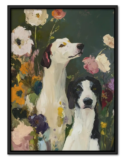 Two Dogs Among Colorful Flowers Wall Art 1