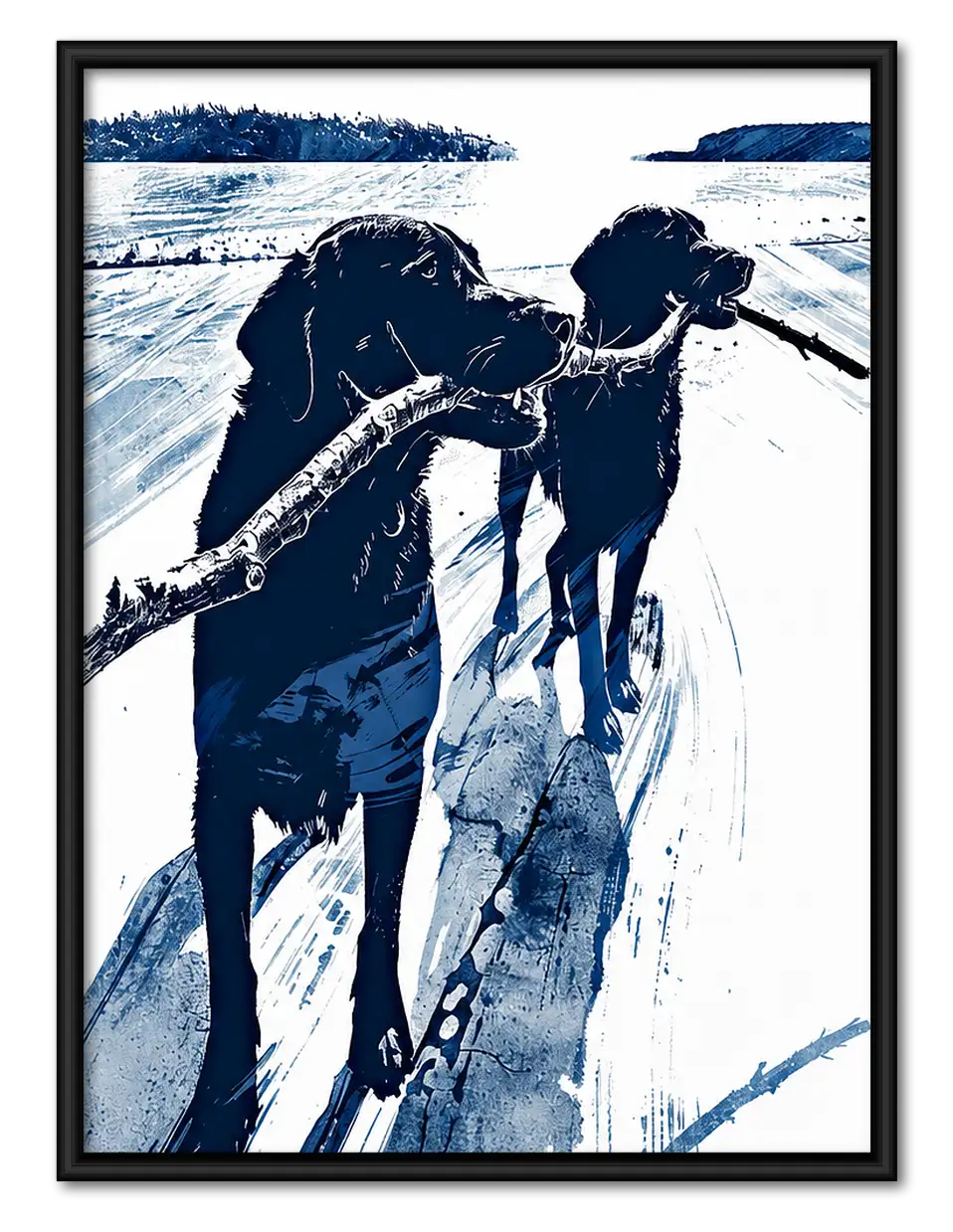 Two Dogs Playing on Snowy Beach Wall Art 1