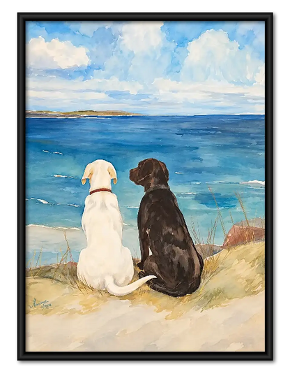 Two Dogs Watching the Blue Ocean Wall Art 1