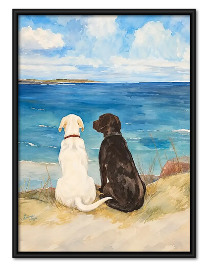 Two Dogs Watching the Blue Ocean Wall Art
