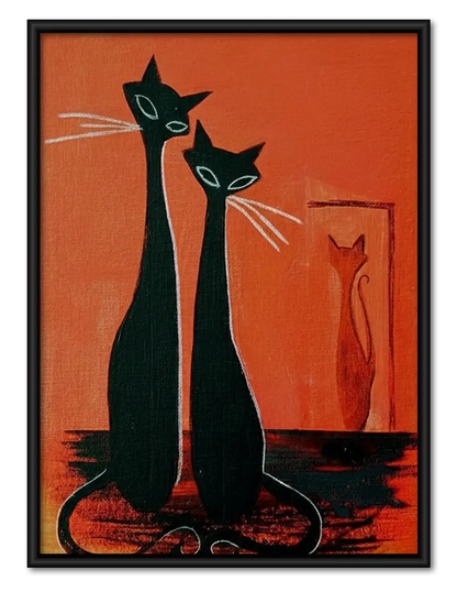 Two Elegant Black Cats on Orange Wall Art 1