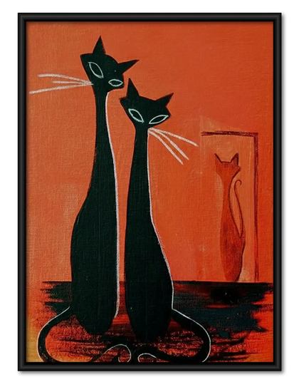 Two Elegant Black Cats on Orange Wall Art