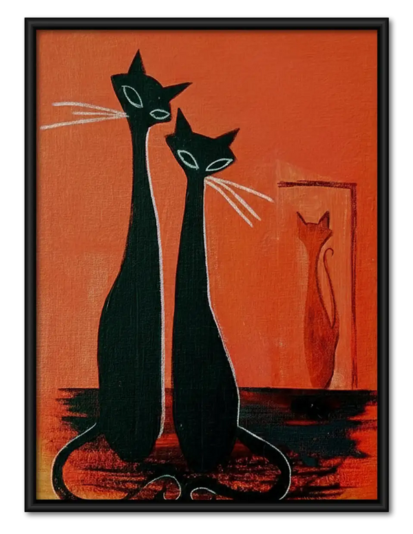 Two Elegant Black Cats on Orange Wall Art