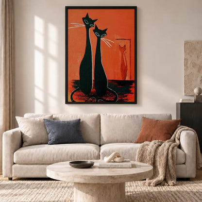 Two Elegant Black Cats on Orange Wall Art 2