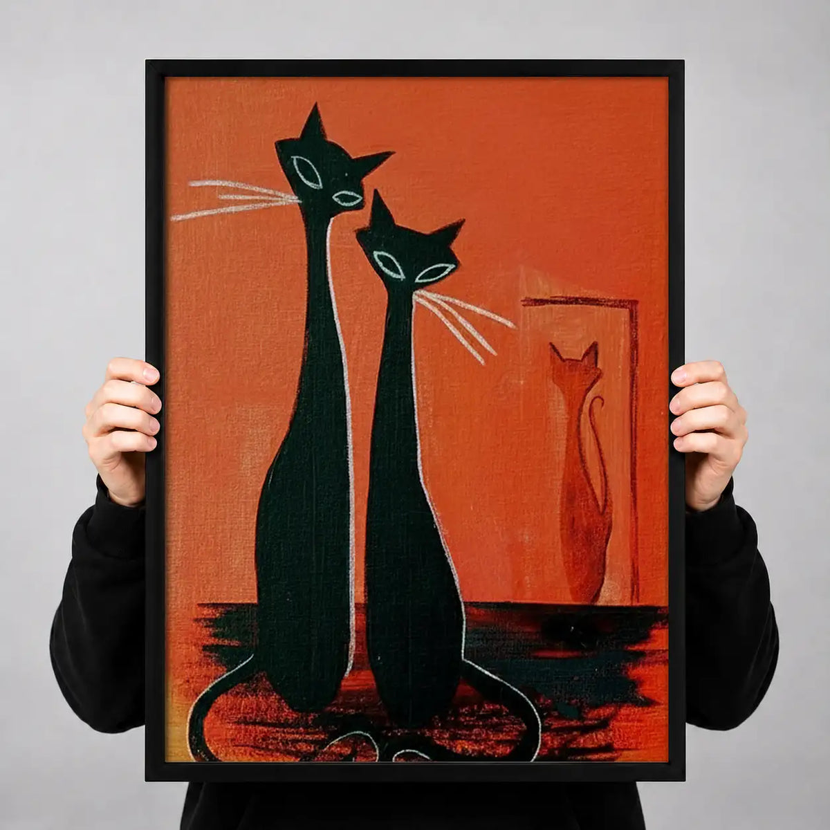 Two Elegant Black Cats on Orange Wall Art 3