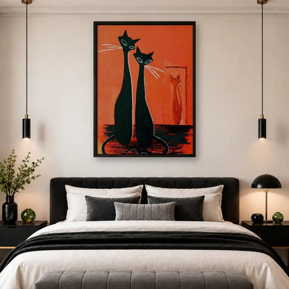 Two Elegant Black Cats on Orange Wall Art 4