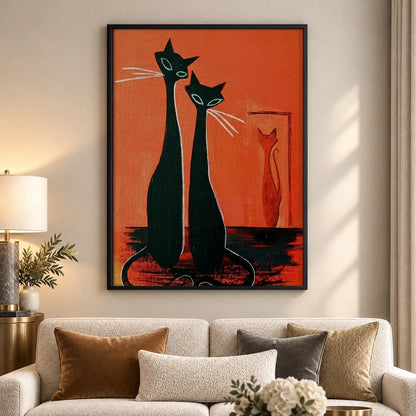 Two Elegant Black Cats on Orange Wall Art 5