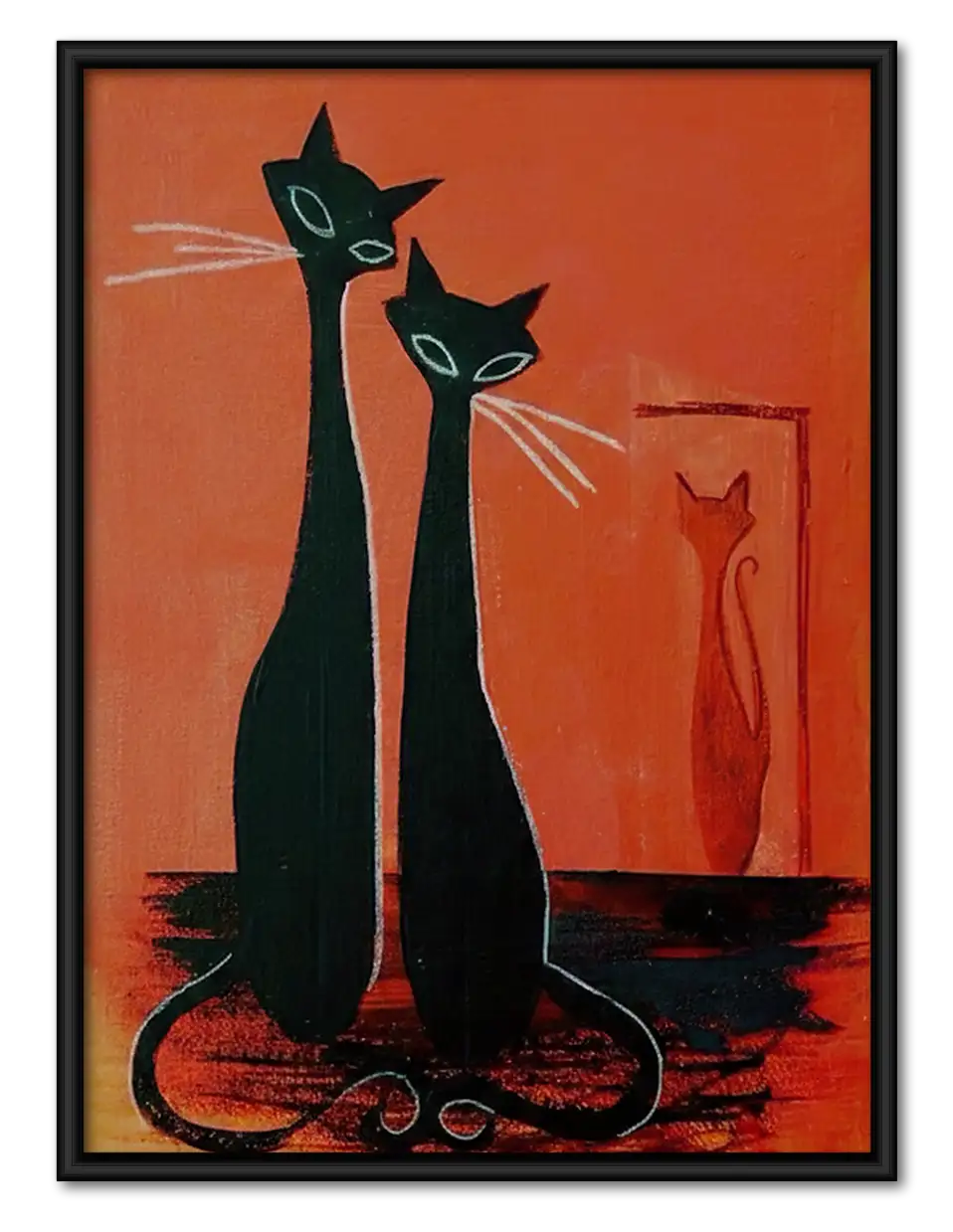 Two Elegant Black Cats on Red Wall Art 1