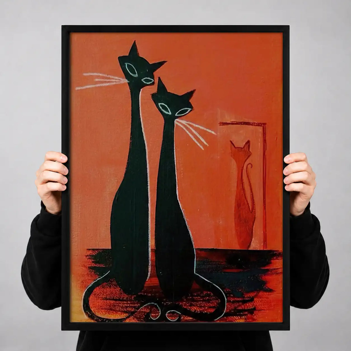Two Elegant Black Cats on Red Wall Art 3
