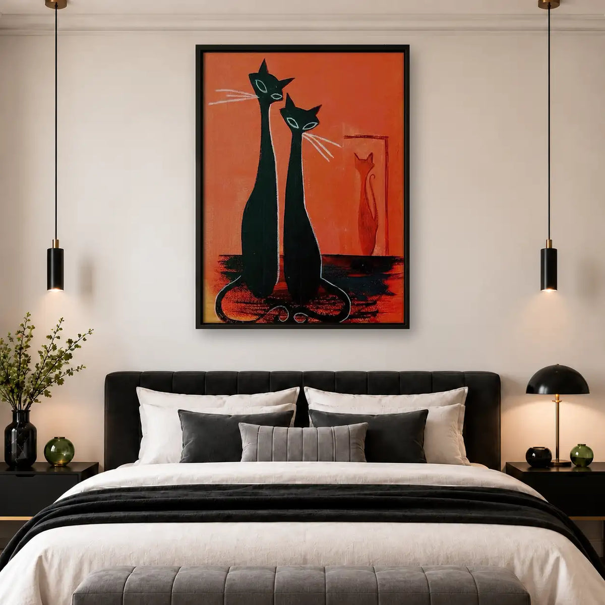 Two Elegant Black Cats on Red Wall Art 4