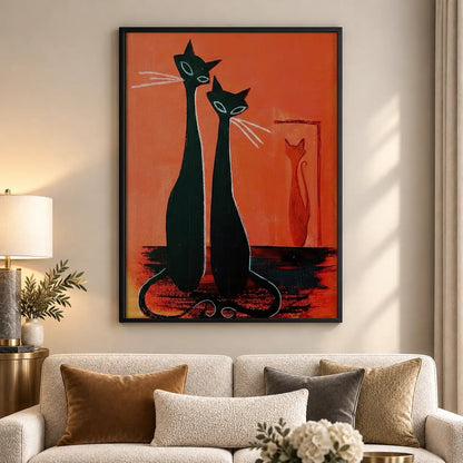 Two Elegant Black Cats on Red Wall Art 5
