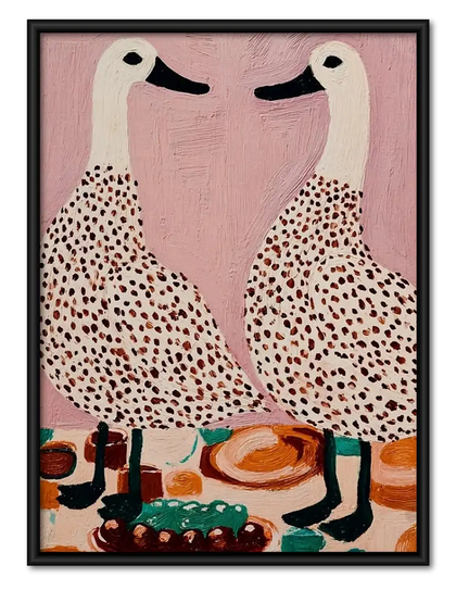 Two Flamingos Drinking Coffee Wall Art