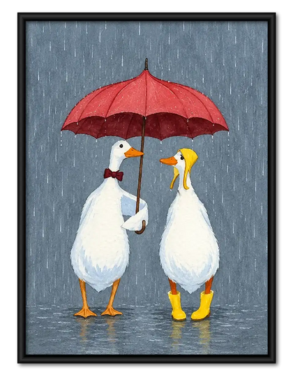Two Geese Sharing Red Umbrella Wall Art