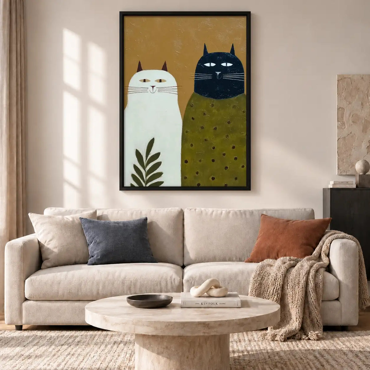 Two Geometric Cats on Olive Wall Art 2