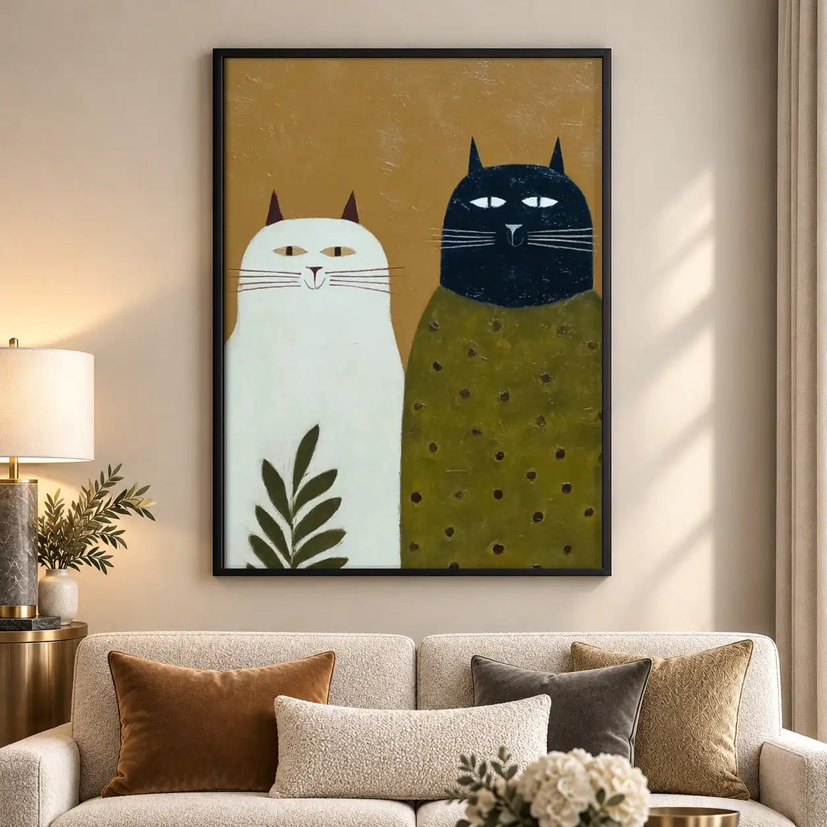 Two Geometric Cats on Olive Wall Art 5
