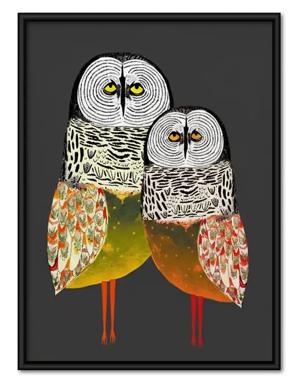 Two Patterned Owls Standing Together Wall Art 1