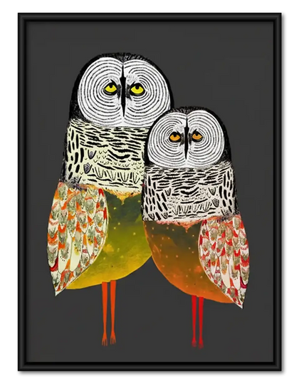 Two Patterned Owls Standing Together Wall Art