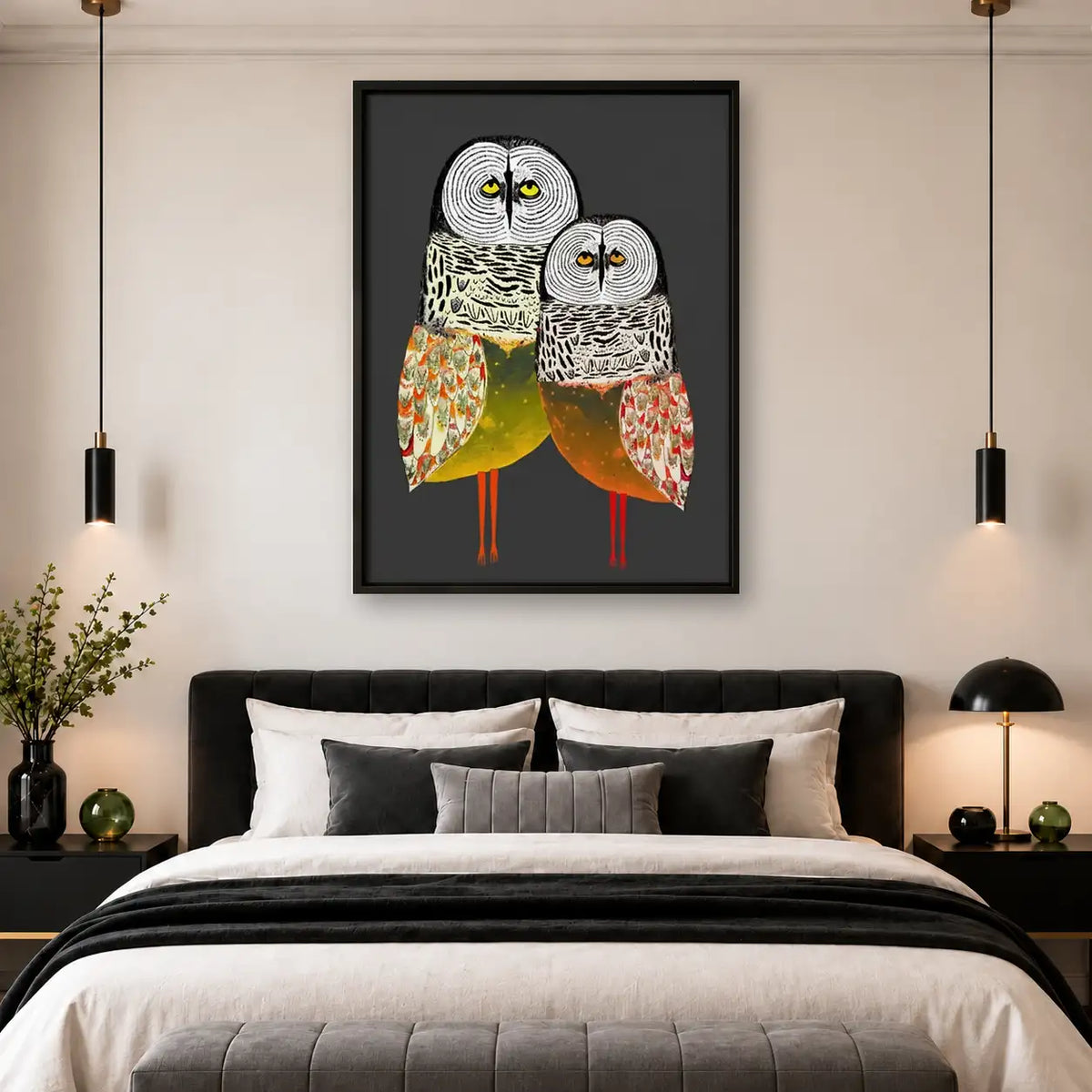 Two Patterned Owls Standing Together Wall Art 4
