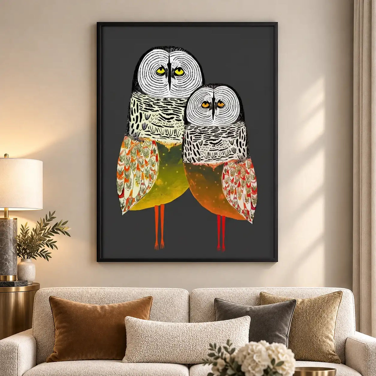 Two Patterned Owls Standing Together Wall Art 5