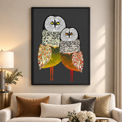 Two Patterned Owls Standing Together Wall Art 5