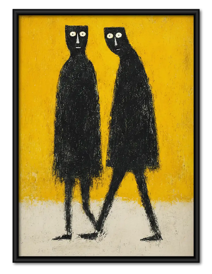 Two Tall Black Cats on Yellow Wall Art