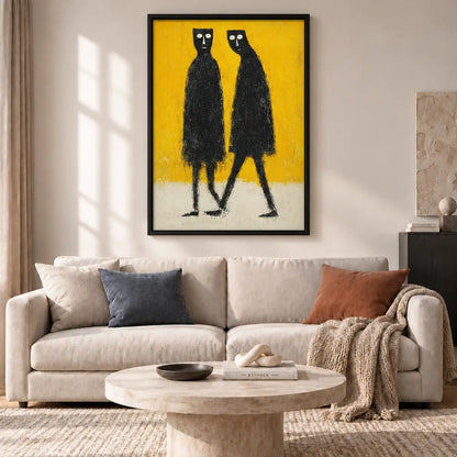 Two Tall Black Cats on Yellow Wall Art 2